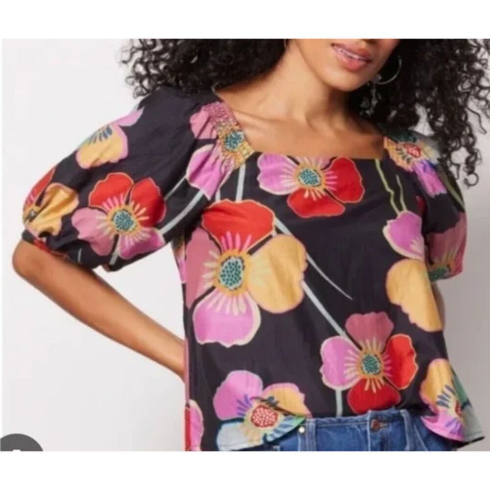 ~ Sm "Velvet by Graham & Spencer" Blouse Floral Puff Sleeve Cotton Silk Lined